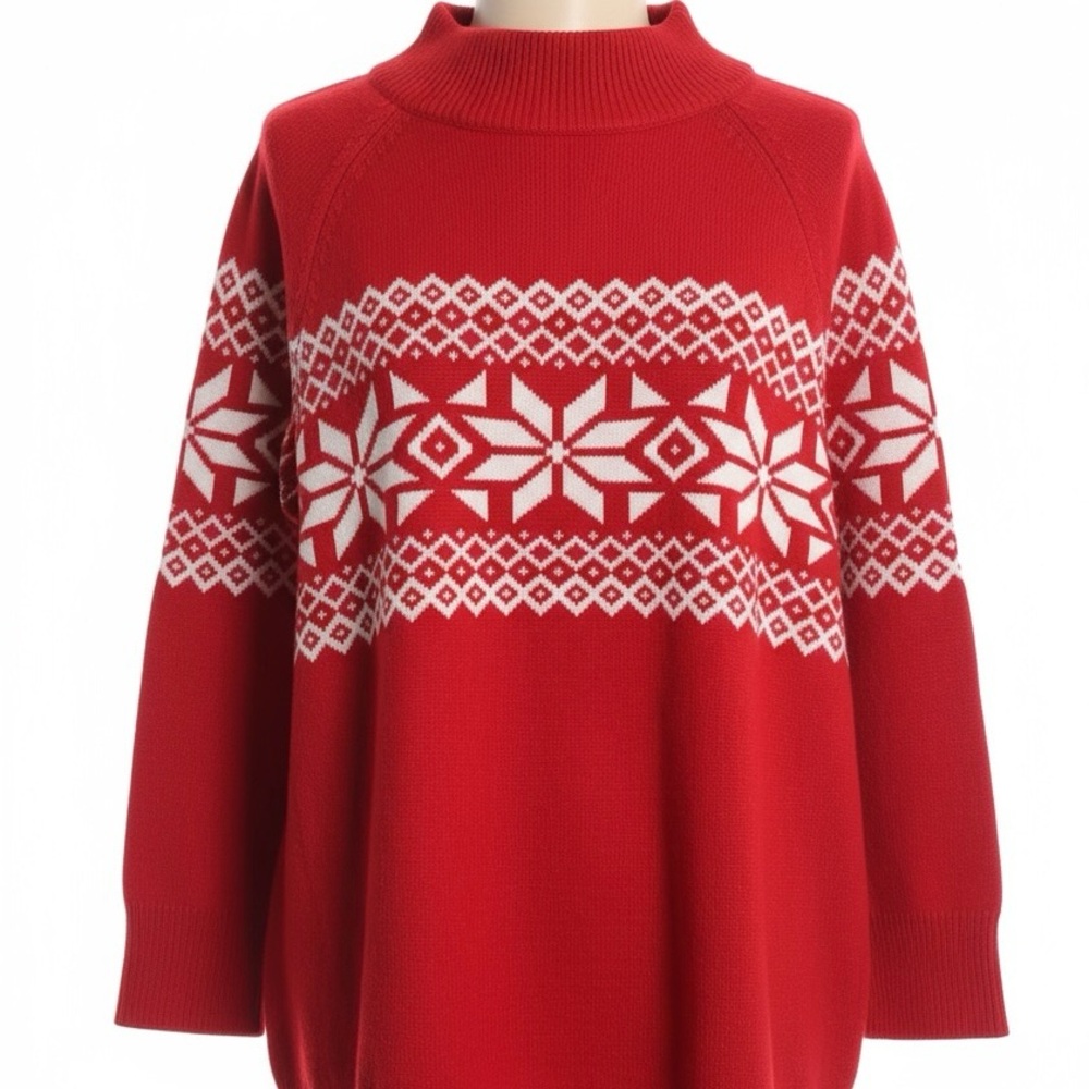 NWT Talbots Mockneck Sweater 2X Plus Fair Isle Red w/ White Winter Festive